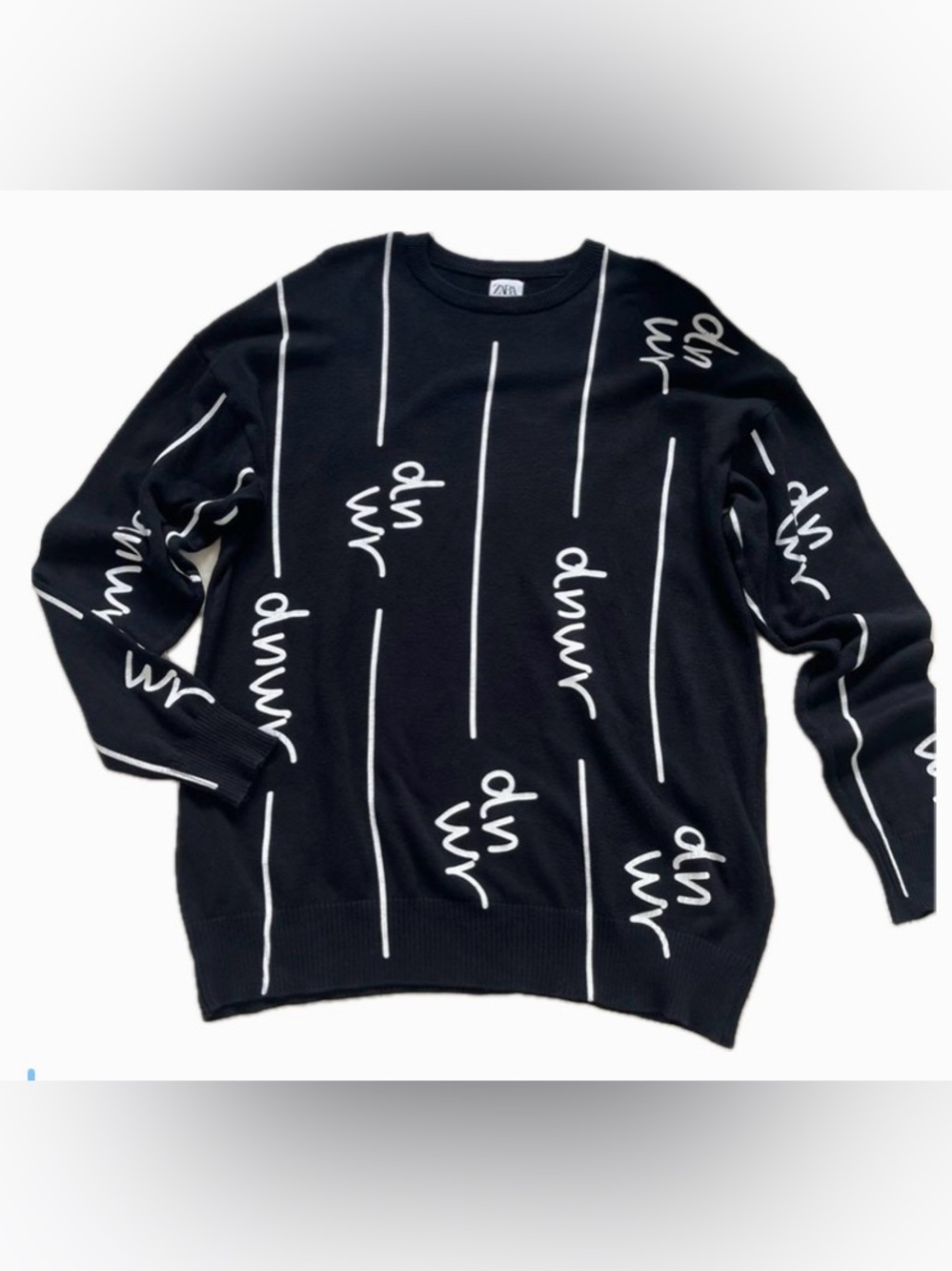 Zara Black Crewneck Sweater with White Graphic Script